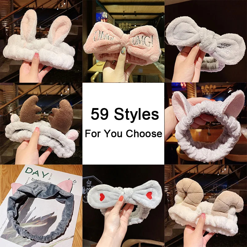 Soft Coral Fleece Bow Headband – Wash Face Hair Holder with Animal Ears for Women & Girls