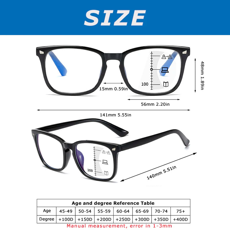 CRIXALIS Square Progressive Reading Glasses – Multifocal Anti-Glare Computer Eyewear for Men & Women, UV400 Protection