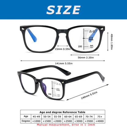 CRIXALIS Square Progressive Reading Glasses – Multifocal Anti-Glare Computer Eyewear for Men & Women, UV400 Protection