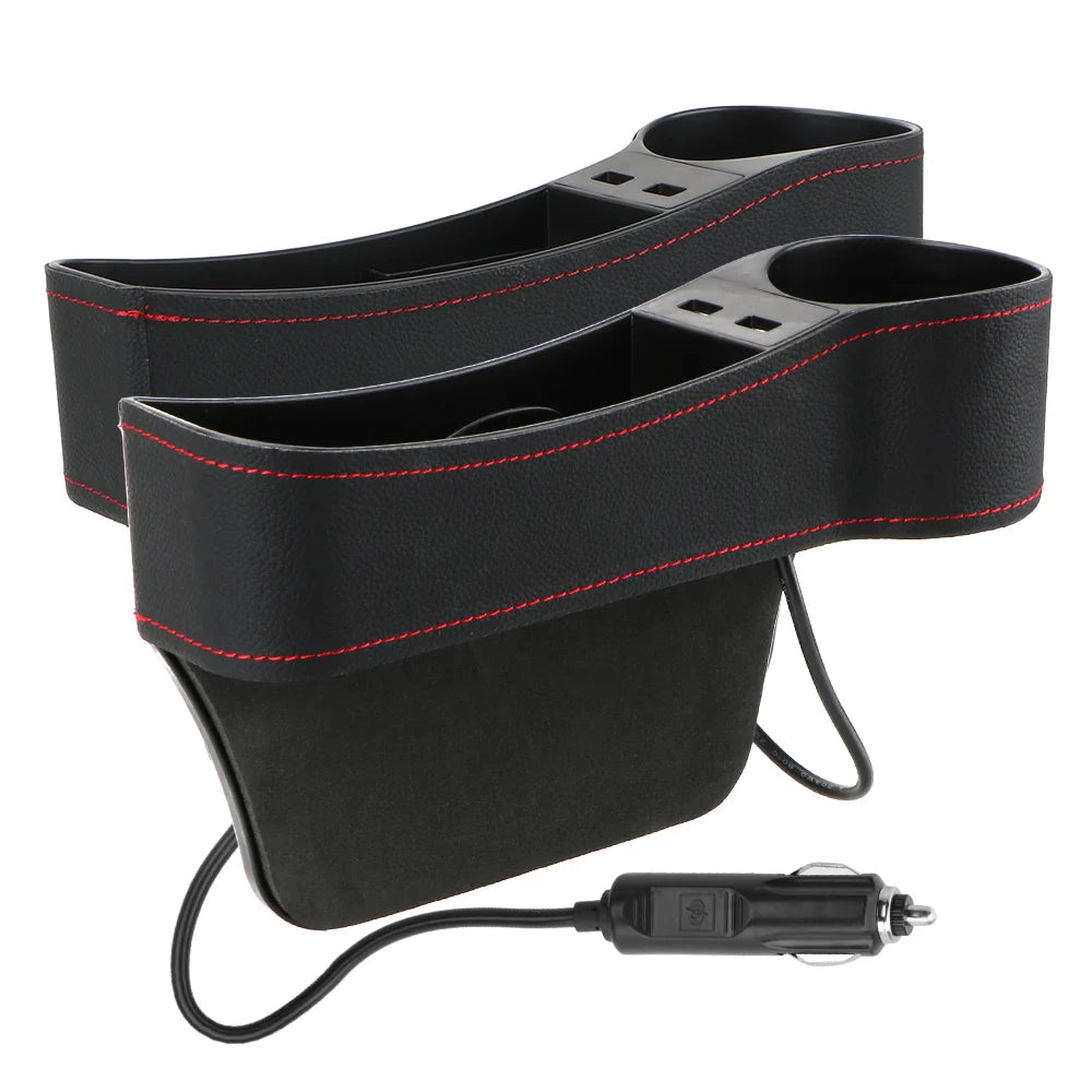 Car Seat Gap Organizer – Leather Auto Crevice Storage Box with Cup & Phone Holder, USB Option