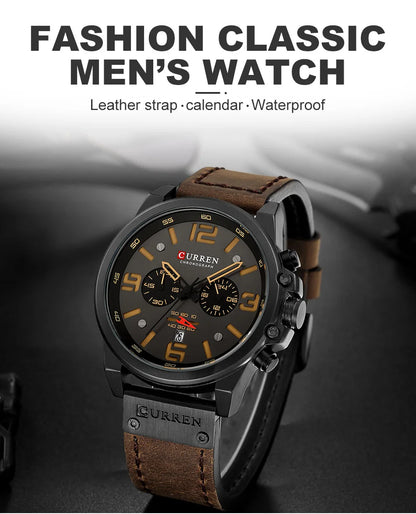 CURREN Men's Luxury Waterproof Sport Watch – Chronograph Quartz Military Wristwatch with Genuine Leather Strap