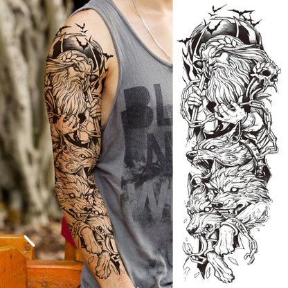 Temporary Tattoo Sleeve - Realistic Full Arm Skull Angel Maori Design Tattoo Sticker for Men & Women