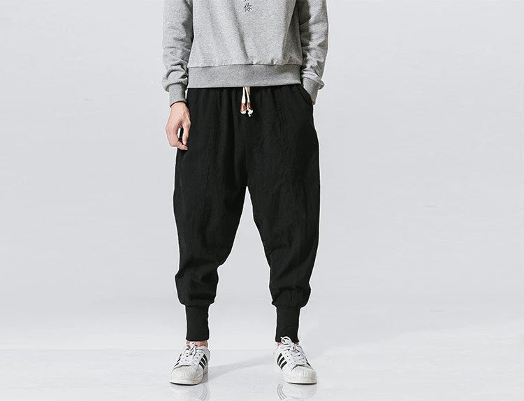 Men’s Cotton Linen Harem Pants – Solid Color Baggy Drop-Crotch Joggers with Elastic Waist Casual Streetwear Trousers