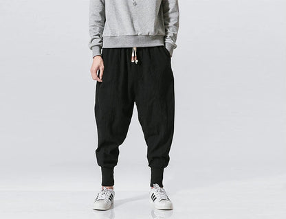Men’s Cotton Linen Harem Pants – Solid Color Baggy Drop-Crotch Joggers with Elastic Waist Casual Streetwear Trousers