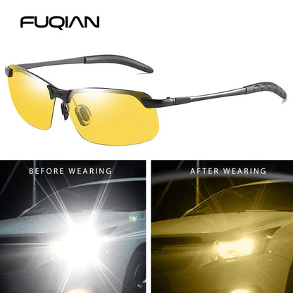 Enhanced Vision: FUQIAN Vintage Metal Polarized Sunglasses - Photochromic Lens, Ideal for Men and Women, Night Driving Sun Glasses