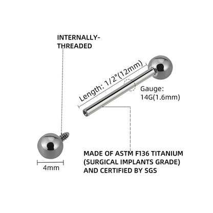 5Pcs Right Grand ASTM F136 Implant Grade Titanium Straight Barbell Tongue Ring – Internal Thread Body Piercing Jewelry (12–25mm)