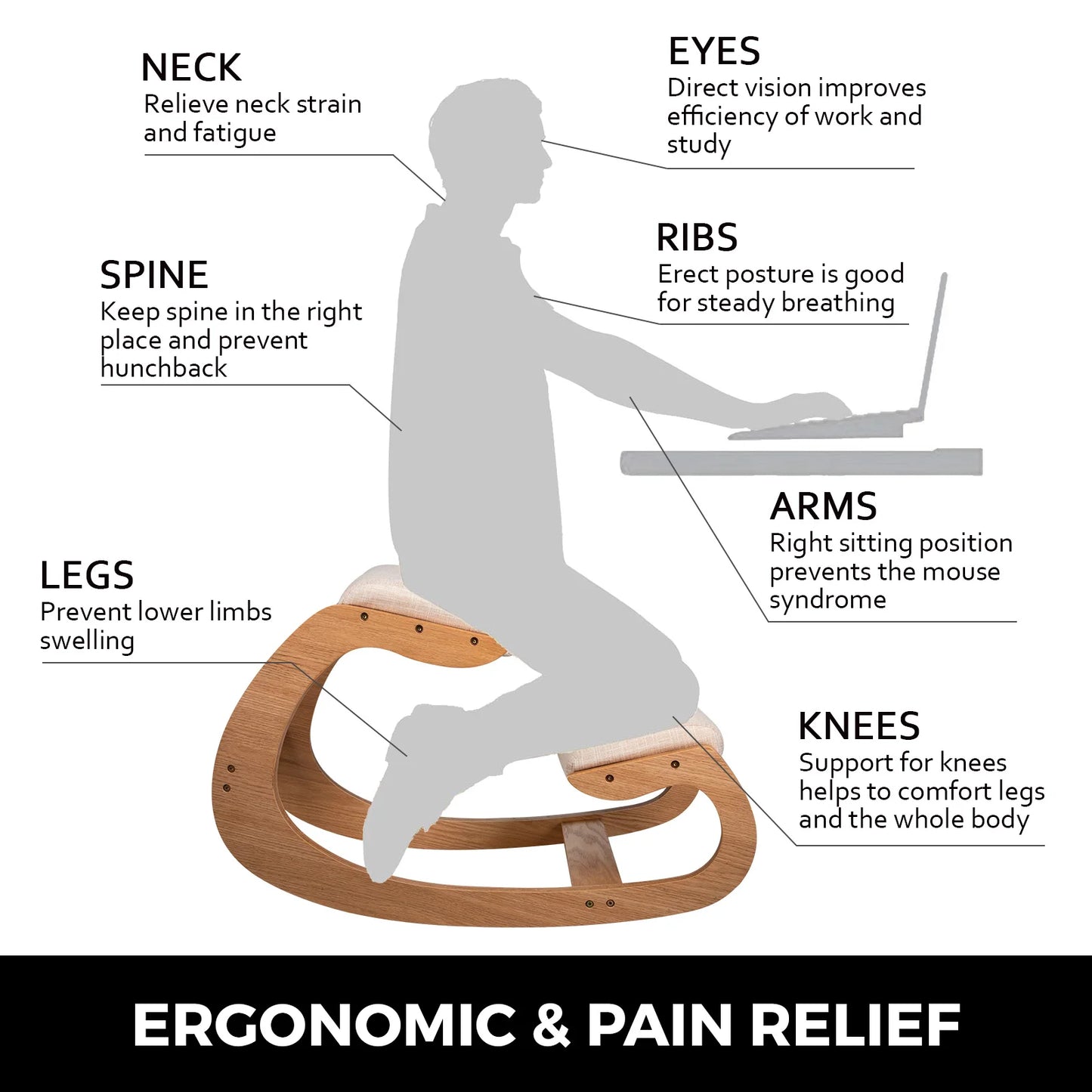 VEVOR Ergonomic Wooden Kneeling Chair — Rocking Stool with Thick Cushion for Correct Posture, Home & Office Use