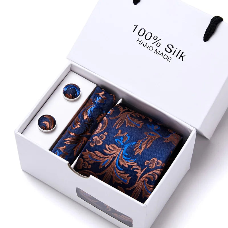 100% Silk Men’s Tie Gift Set - Classic 7.5cm Striped Floral Necktie with Handkerchief for Office, Party & Wedding Formal Wear