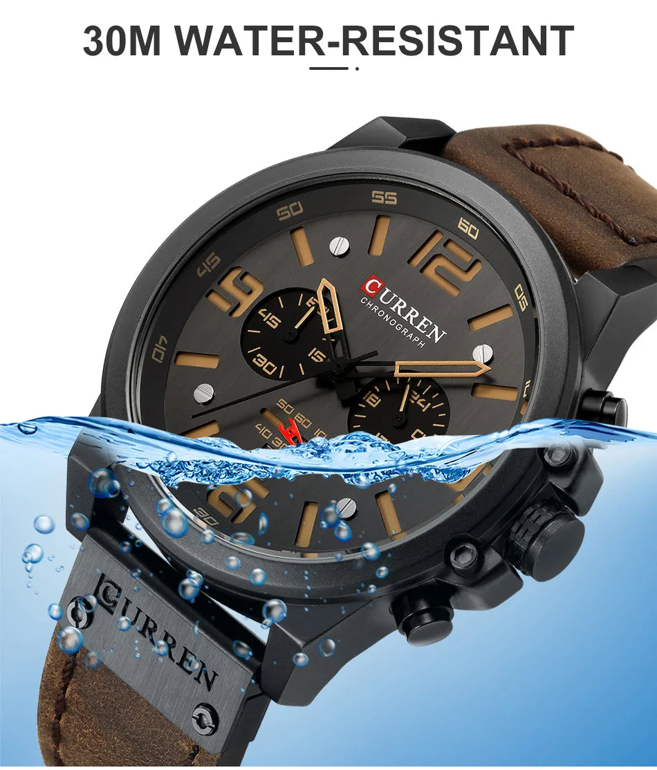 CURREN Men's Luxury Waterproof Sport Watch – Chronograph Quartz Military Wristwatch with Genuine Leather Strap