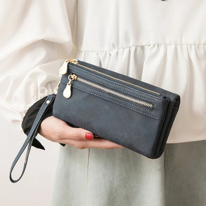Large Capacity Women's Wallet – Dull Polish Leather, Double Zipper Clutch Wristlet with Phone, Coin & Card Holder Pockets