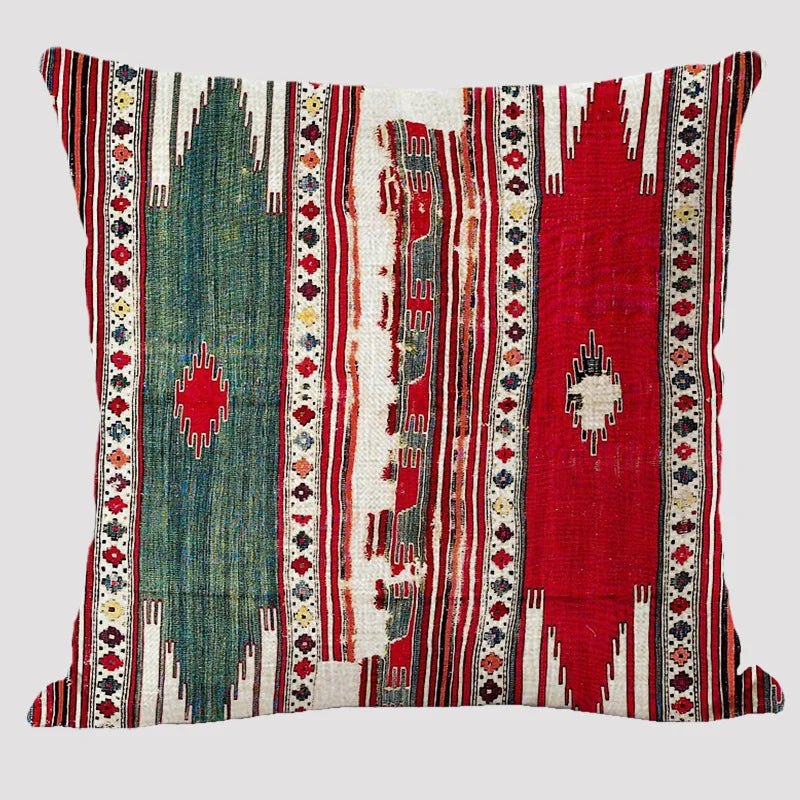 Bohemian Linen Cushion Cover – Multicolor Ethnic Geometric Pattern Decorative Pillow for Living Room Sofa