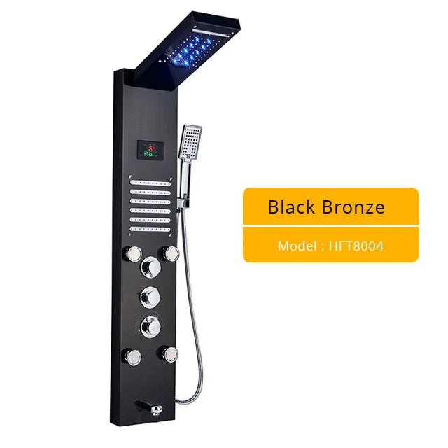 Brushed Nickel Bathroom Shower Column - Wall-Mounted Black LED Shower Panel with Digital Screen, 6 Modes & Rainfall Mixer Tap