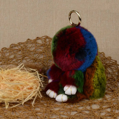 Genuine Rex Rabbit Fur Keychain - Fluffy Bunny Bag Charm and Car Pendant for Women
