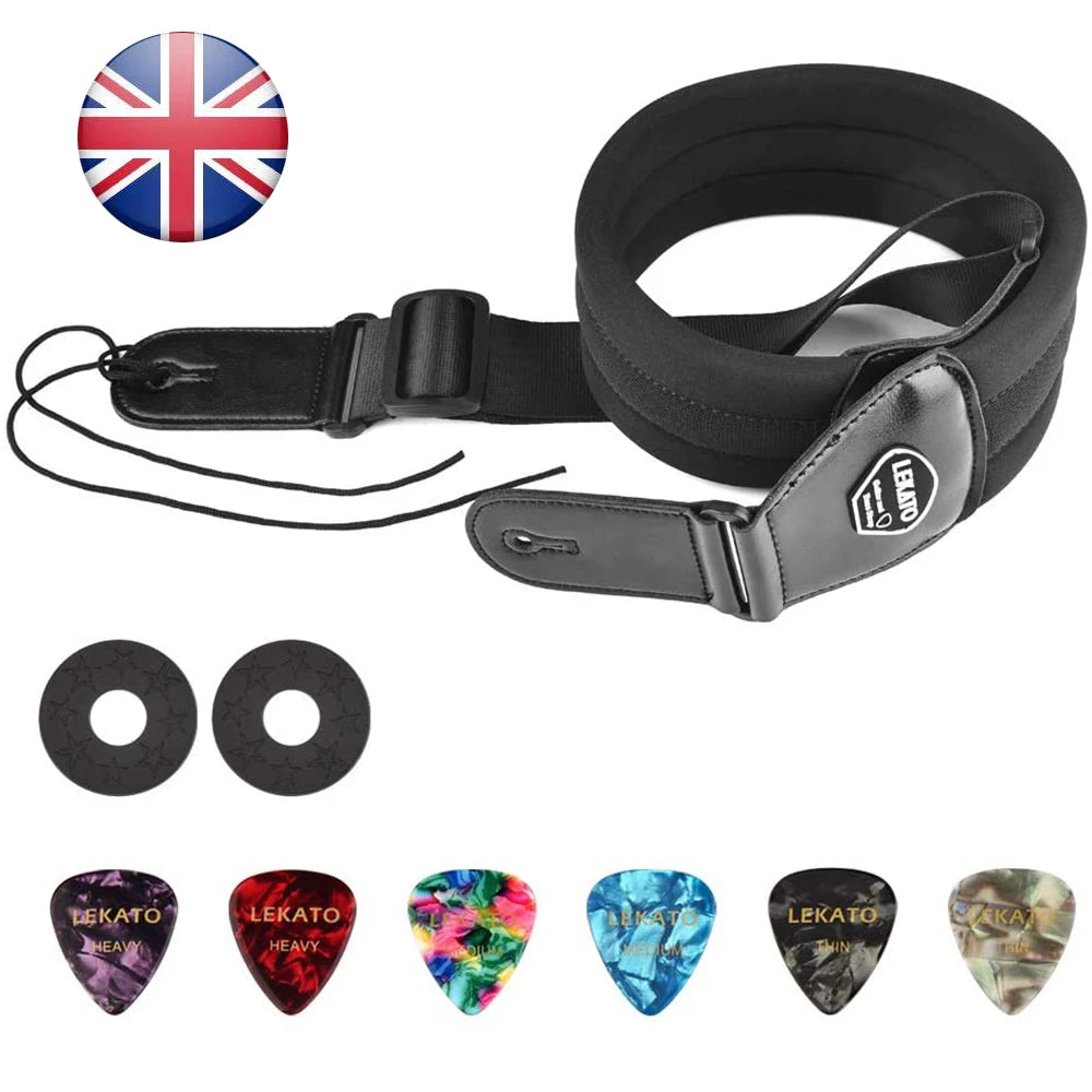 LEKATO LGS-2 Bass Guitar Strap – Adjustable Cowhide Strap with 6 Picks, Acoustic & Electric Bass Guitar Belt, Accessories