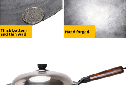 Hand Forged Household Iron Wok, Pure Iron Pan with Wooden Handle, Non-Coating, Non-Stick, for Gas Cooker