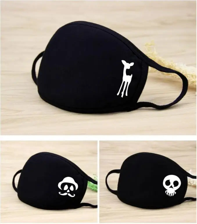Black Cartoon Animal Face Mask – Unisex Winter Cotton Half Face Mask, Dustproof & Thickened for Cycling
