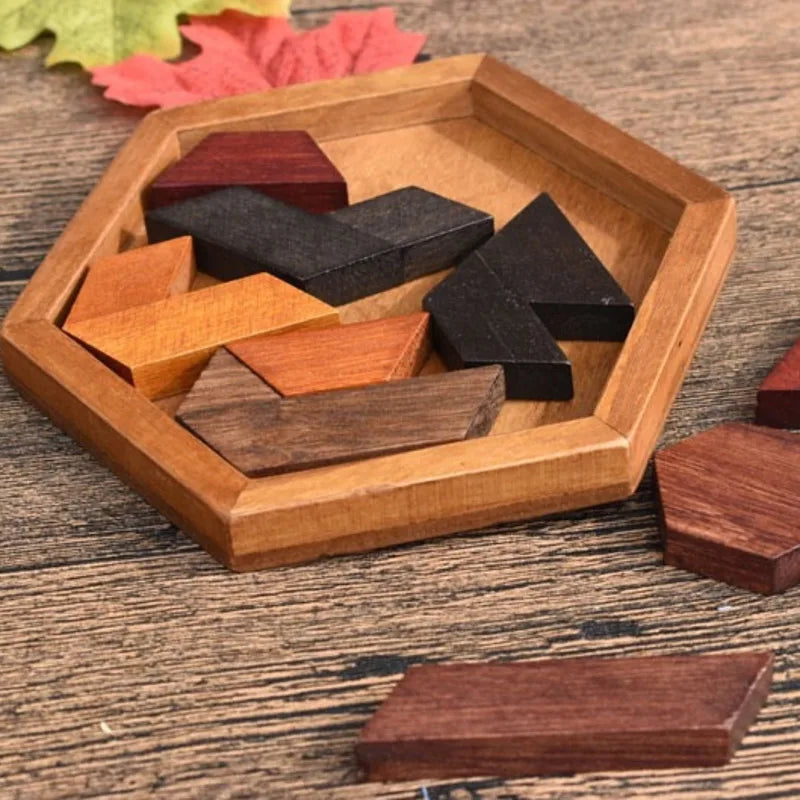 Hexagonal Wooden Puzzles – IQ Brain Teaser Game, Educational Tangram Toy for Kids & Adults, Montessori Gift for Cognitive Development