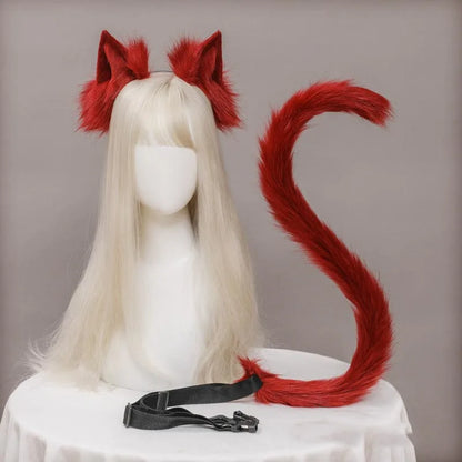 Plush Cat Ears Headband & Tail Set - Realistic Lolita Cosplay Accessories, Handmade Animal Ears for Halloween & Kawaii Costumes
