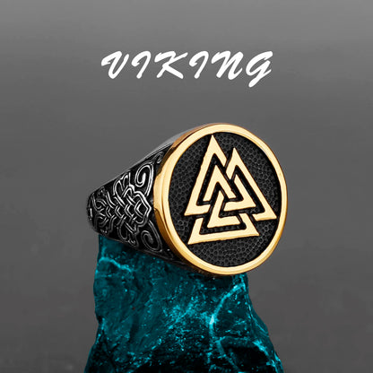 Nordic Viking Stainless Steel Ring - Compass Tree of Life Rune Wolf Amulet Jewelry for Men & Women