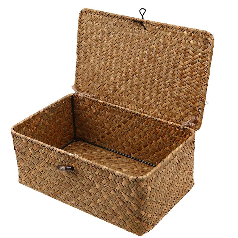 Rectangular Hand-Woven Rattan Wicker Storage Basket - Desktop Organizer for Sundries and Clothes Container
