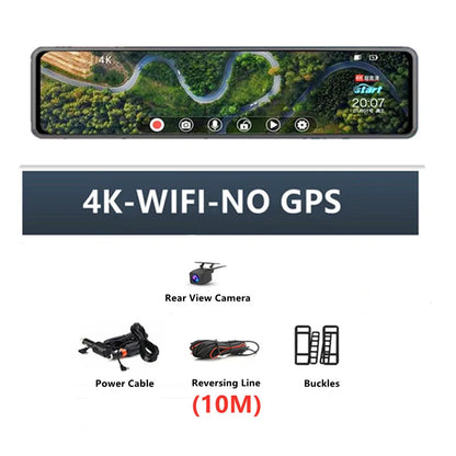 4K 12-Inch Dual Lens Dash Cam – 3840*2160P, WIFI, GPS, APP, Rearview Mirror Camera, Touch Screen Streaming Video Recorder, Car DVR
