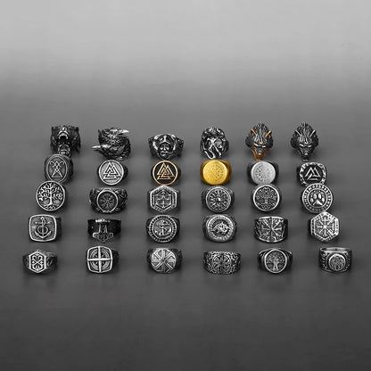Nordic Viking Stainless Steel Ring - Compass Tree of Life Rune Wolf Amulet Jewelry for Men & Women