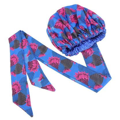 African Print Satin Bonnet with Long Ribbon - Double-Layer Ankara Hair Wrap Cap for Women, Large Size Head Cover