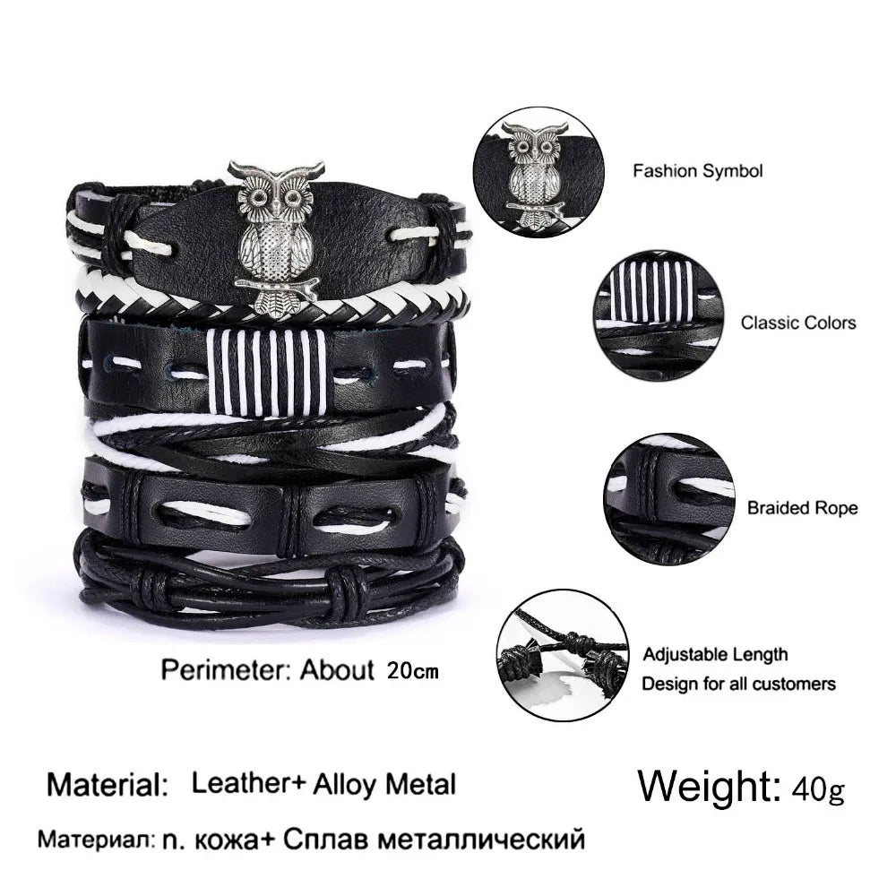 Men's Vintage Multilayer Leather Braid Bracelet - Handmade Star, Leaf & Owl Rope Wrap Bangle, Male Gift Jewelry