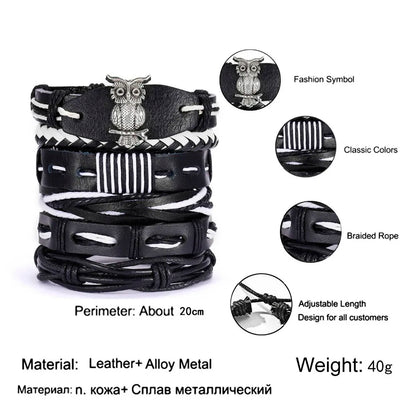 Men's Vintage Multilayer Leather Braid Bracelet - Handmade Star, Leaf & Owl Rope Wrap Bangle, Male Gift Jewelry