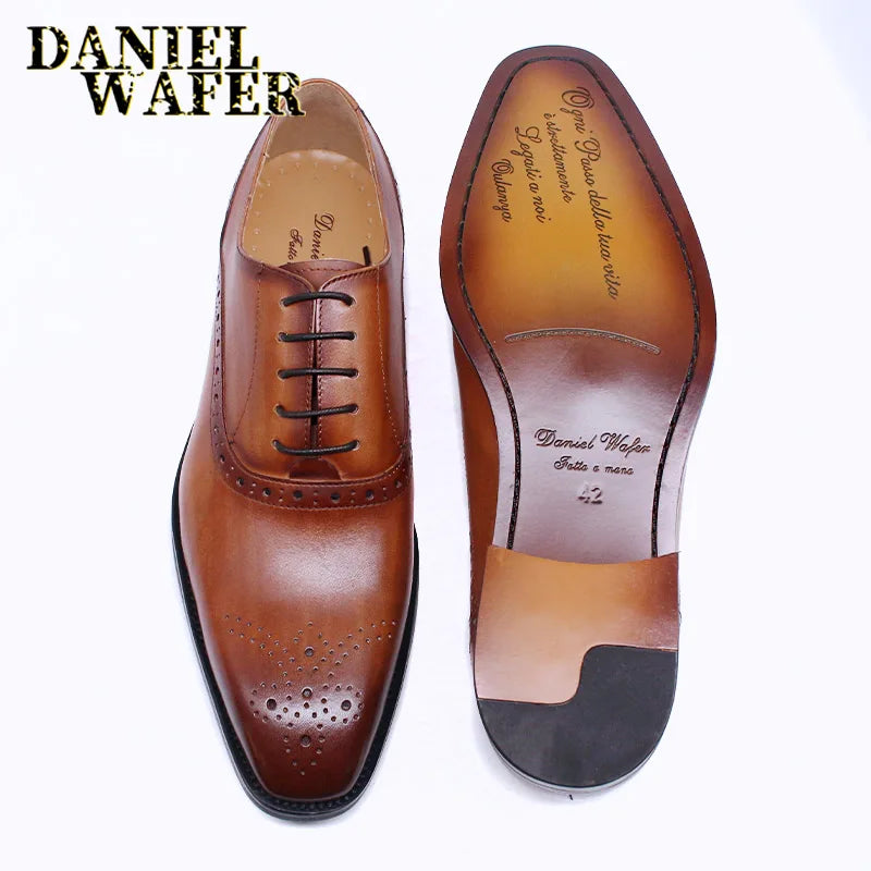 Men’s Genuine Leather Oxford Shoes - Brown and Black Snake Print Lace-Up Business Wedding Dress Shoes