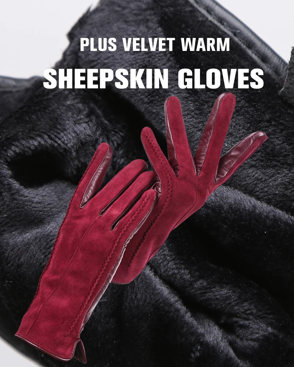 Women’s Winter Touch Gloves – 50% Genuine Leather & 50% Suede, Colorful Warm Leather Gloves