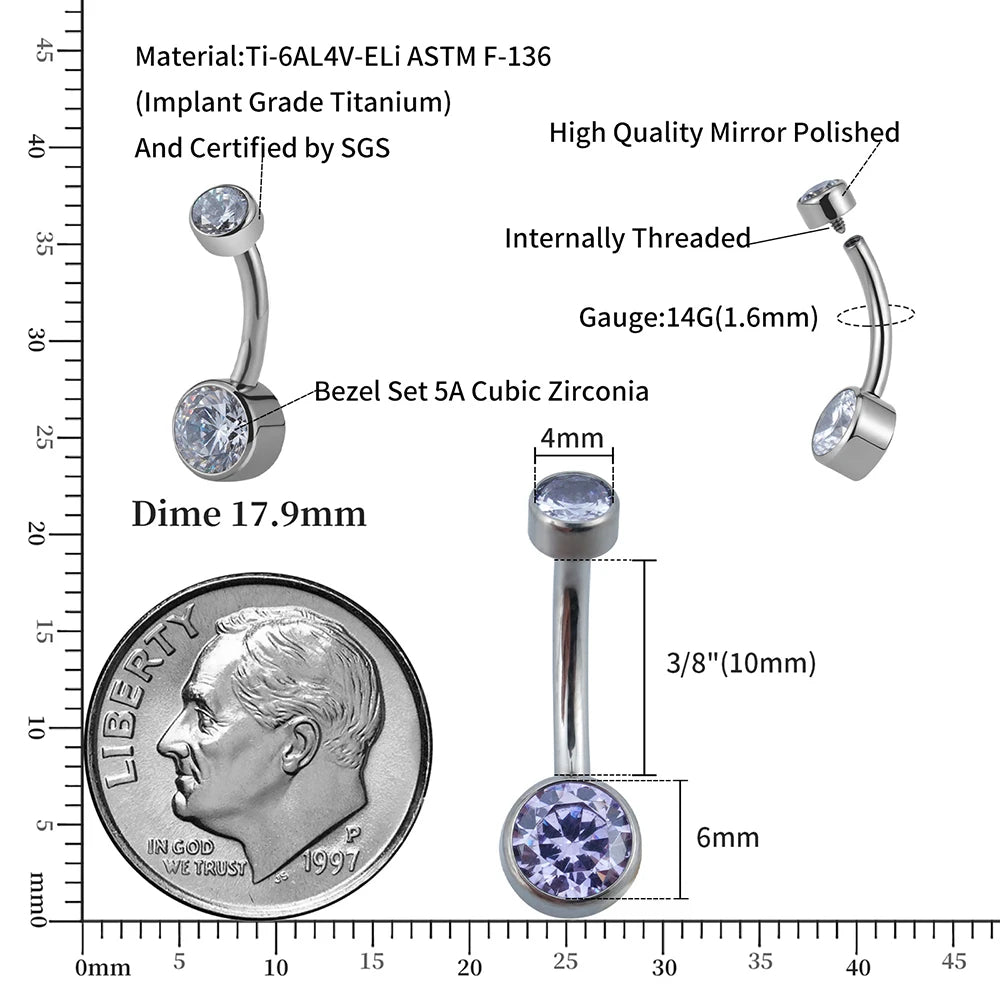 Right Grand ASTM F136 Titanium Belly Button Ring - 14G Internally Threaded Navel Piercing with Clear Zircon Bezel Body Jewelry