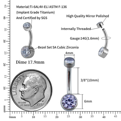 Right Grand ASTM F136 Titanium Belly Button Ring - 14G Internally Threaded Navel Piercing with Clear Zircon Bezel Body Jewelry