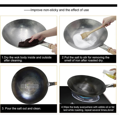 Hand Forged Household Iron Wok, Pure Iron Pan with Wooden Handle, Non-Coating, Non-Stick, for Gas Cooker