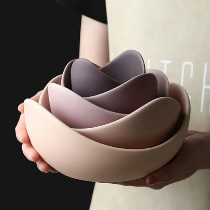 Lotus Ceramic Bowl Set - Flower-Shaped Fruit, Salad & Dinner Plates with Decorative Storage Design
