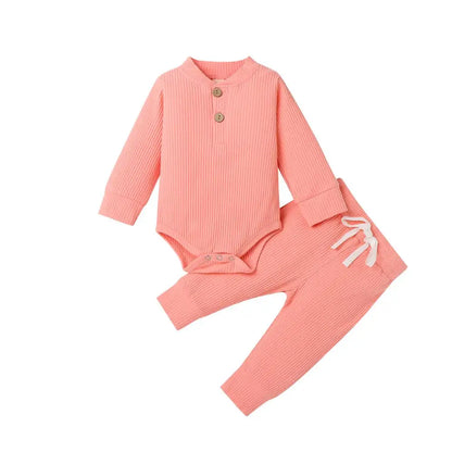 Unisex Baby 2-Piece Outfit Set - Long-Sleeve Ribbed or Plaid Bodysuit with Elastic Pants for Spring & Autumn