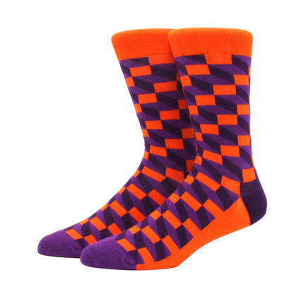 Men’s Funny Argyle Diamond Pattern Cotton Socks – Large Size 3D Geometric Crew Tube Socks, Combed Cotton Casual Novelty Socks