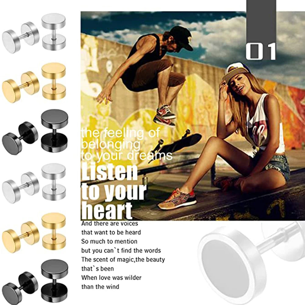2-Piece Punk Stainless Steel Dumbbell Stud Earrings — Gothic Hip Hop Rock Style, Hypoallergenic Unisex Earrings for Men & Women