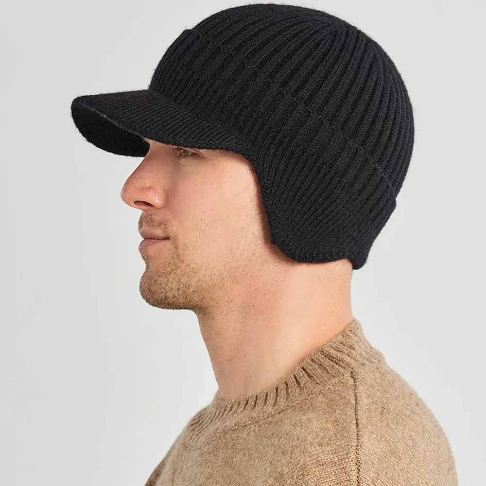 Men's Winter Knitted Hat - Outdoor Cycling Peaked Cap with Ear Protection - Warm Casual Sunhat Bomber for 56-61CM Head Sizes