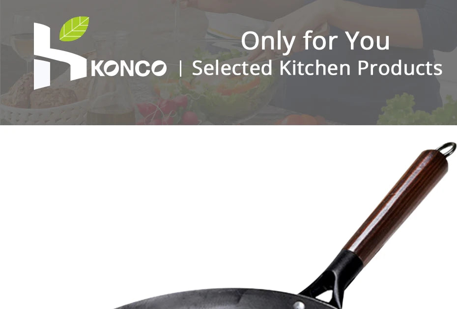 Hand Forged Household Iron Wok, Pure Iron Pan with Wooden Handle, Non-Coating, Non-Stick, for Gas Cooker