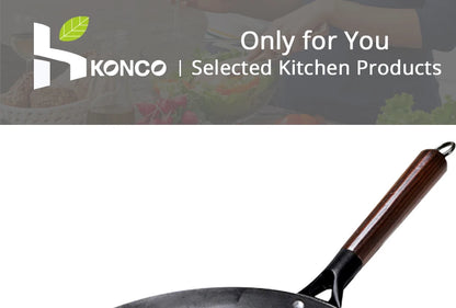 Hand Forged Household Iron Wok, Pure Iron Pan with Wooden Handle, Non-Coating, Non-Stick, for Gas Cooker