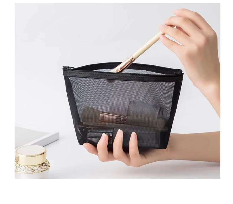 Transparent Mesh Zipper Cosmetic Bag – Fashionable Black Toiletry Organizer, Small & Large Makeup Pouch for Women