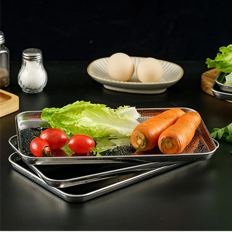 Rectangle Stainless Steel Buffet Tray – Metal Food Serving Plate for Rice, Noodles, & Home Dishes Storage Organizer