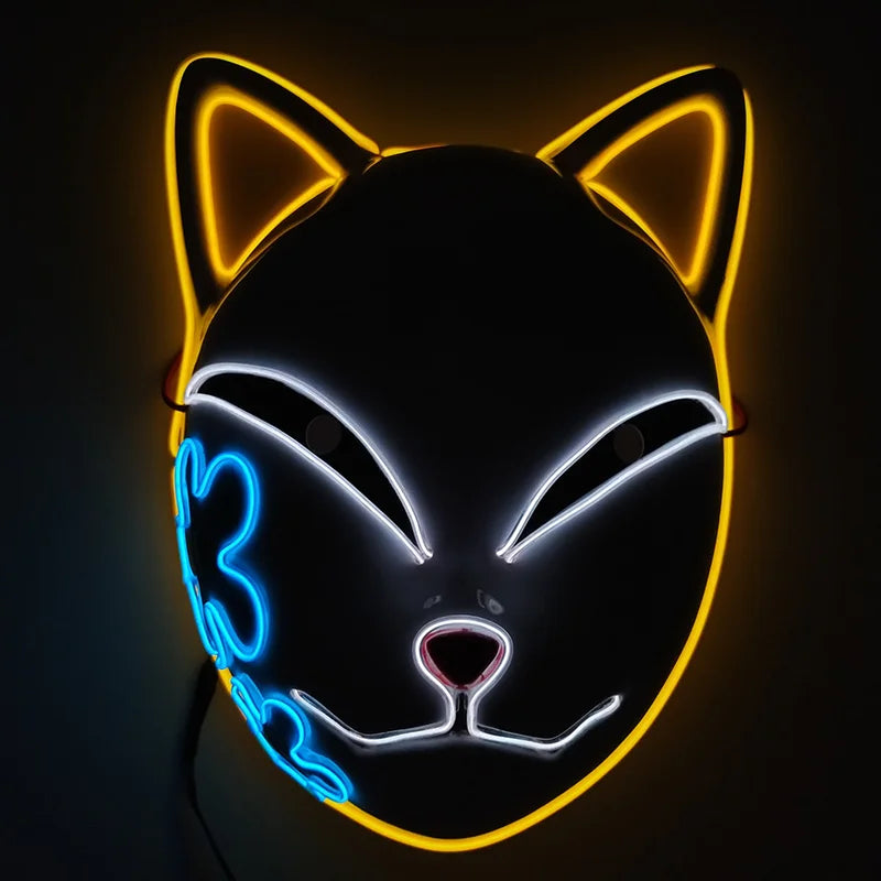 Glowing LED Fox Mask – Neon Japanese Anime-Inspired Samurai Cosplay Mask for Halloween, Christmas & Costume Parties