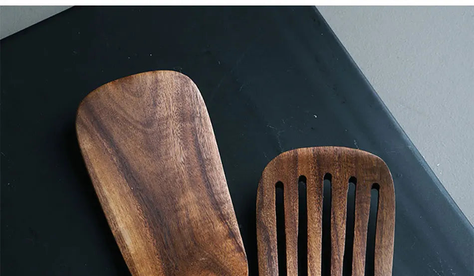 1-7pcs Teak Wood Tableware Set – Natural Wooden Spoons, Colander Spoon & Soup Skimmer Cooking Tool Kit