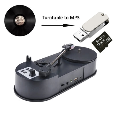 Portable 33/45RPM Phonograph Turntable — Vinyl to MP3 Converter with TF Card/USB & Built-in Speaker