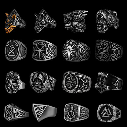 Nordic Viking Stainless Steel Ring - Compass Tree of Life Rune Wolf Amulet Jewelry for Men & Women
