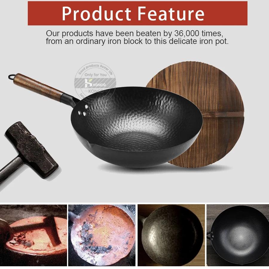 Konco 32cm Pure Cast Iron Wok – Non-Coated Chinese Wok Pan for Gas & Induction Cookers