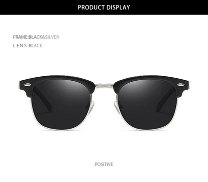 Classic Half Frame Polarized Sunglasses – Retro Rivet Design for Men & Women, Anti-Glare Black Travelling Shades