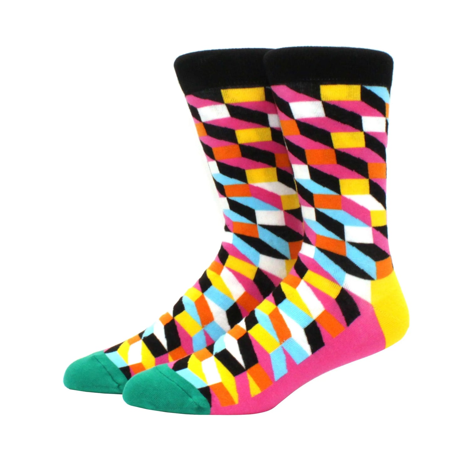 Men’s Funny Argyle Diamond Pattern Cotton Socks – Large Size 3D Geometric Crew Tube Socks, Combed Cotton Casual Novelty Socks